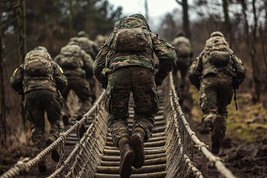 The Grit of Training: Soldiers navigate a challenging rope bridge obstacle course, pushing their limits and showcasing unwavering determination.