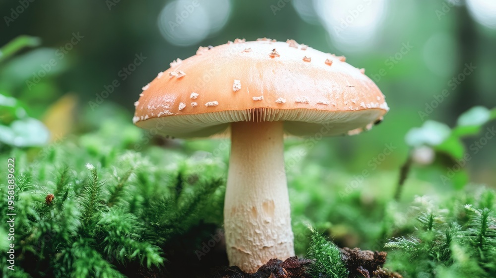 Poster a macro shot of a mushroom growing in a garden, focusing on its delicate cap and stem with a soft fo