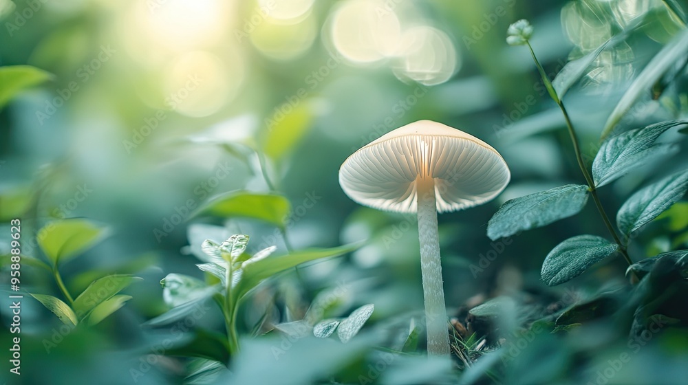 Poster a macro shot of a mushroom growing in a garden, focusing on its delicate cap and stem with a soft fo