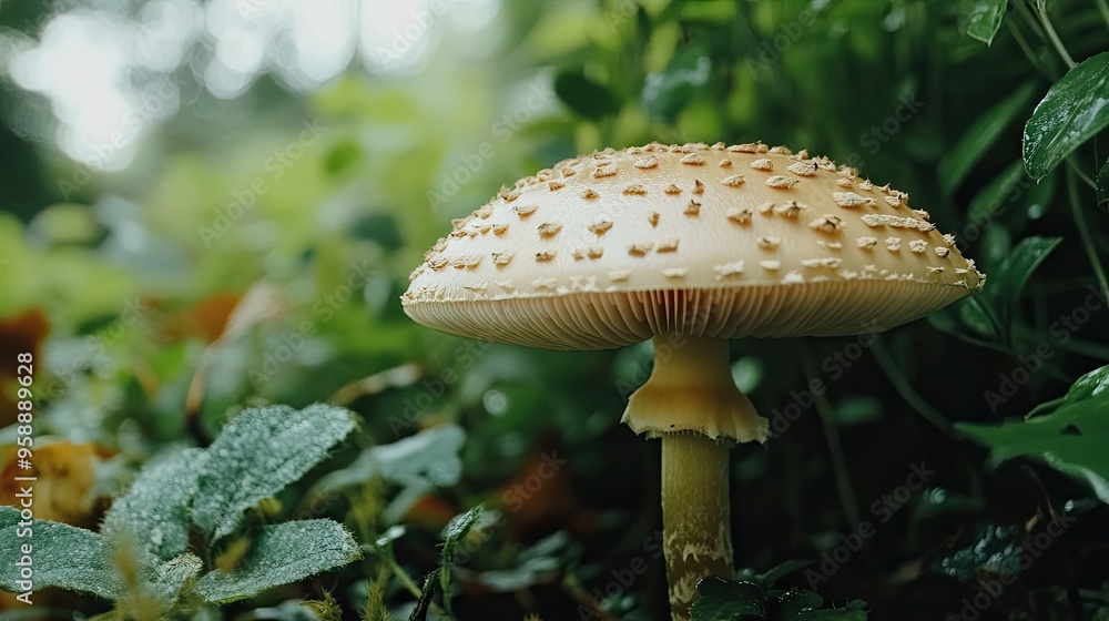 Poster a macro shot of a mushroom growing in a garden, focusing on its delicate cap and stem with a soft fo