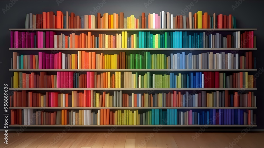 Poster neatly organized bookshelf displaying books arranged in a rainbow color gradient, symbolizing creati