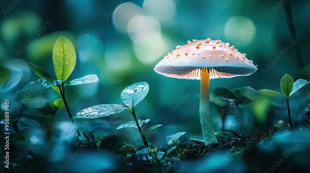 Poster a macro shot of a mushroom growing in a garden, focusing on its delicate cap and stem with a soft fo