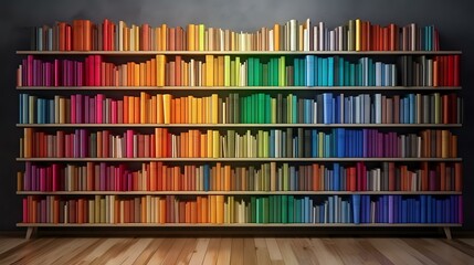 Fototapeta premium neatly organized bookshelf displaying books arranged in a rainbow color gradient, symbolizing creativity and knowledge. Ideal for education, interior decor, and library-themed visuals,
