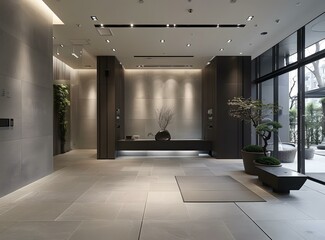 Modern Lobby Interior Design with Gray and Black Tones