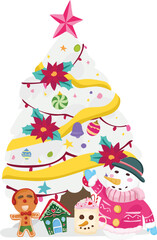 Cartoon white christmas tree illustration on transparent background.
