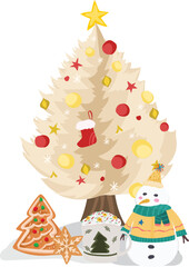 Cartoon white christmas tree illustration on transparent background.
