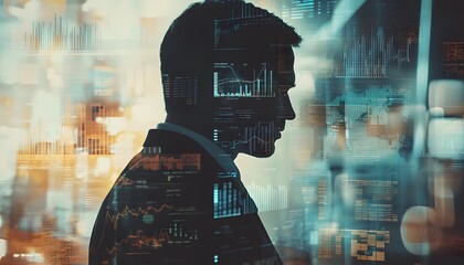 Silhouette of a Man Overlaid with Digital Data and Charts