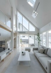 Modern White Living Room with Skylights and Balcony
