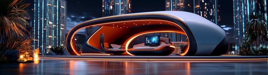Fototapeta premium A futuristic living room showcasing sleek design, modern furniture, and vibrant lighting for a high-tech ambiance.