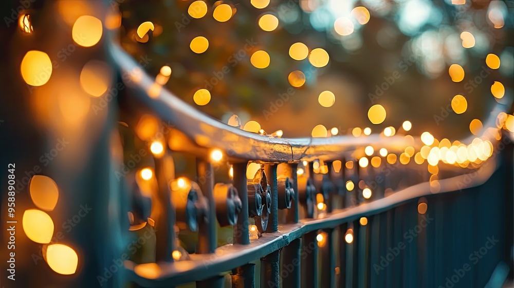Poster a macro shot of a railing decorated with string lights, capturing the soft glow of the lights as the