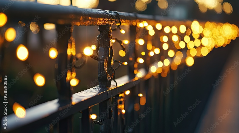 Poster a macro shot of a railing decorated with string lights, capturing the soft glow of the lights as the