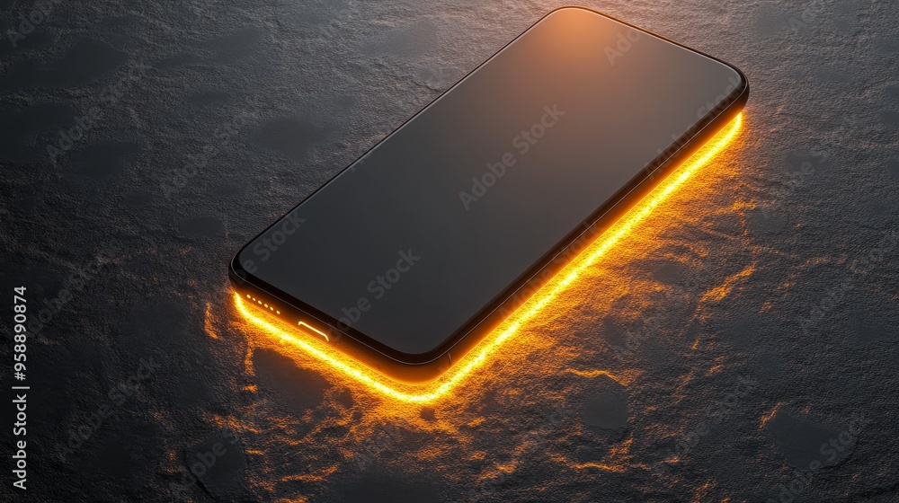 Poster a sleek smartphone illuminated with a glowing orange edge, resting on a textured surface.
