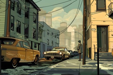 Obraz premium Vintage City Street Illustration with a Man Standing on the Sidewalk