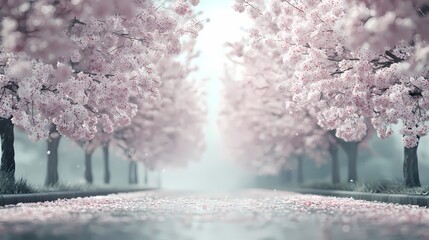 Serene cherry blossom pathway with soft pink hues and a misty atmosphere.