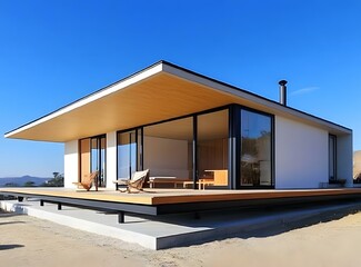 Modern Minimalist House with Large Windows and Wooden Deck