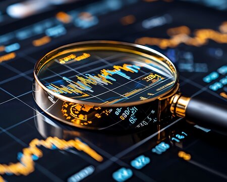 Close-up of a magnifying glass revealing financial data on a digital screen, showcasing trends and analytics for market analysis.