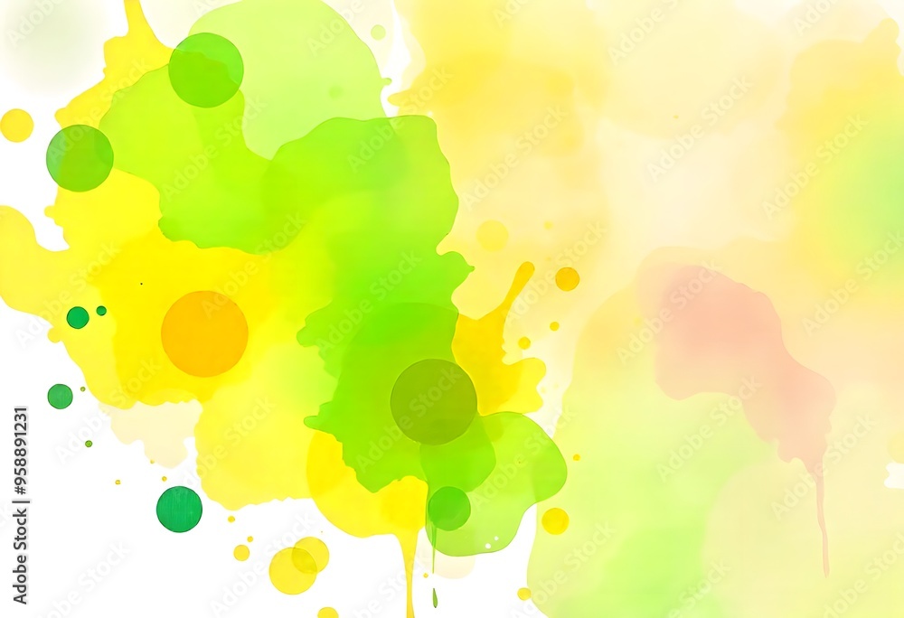 Poster abstract green and yellow blobs and splatters on a white background