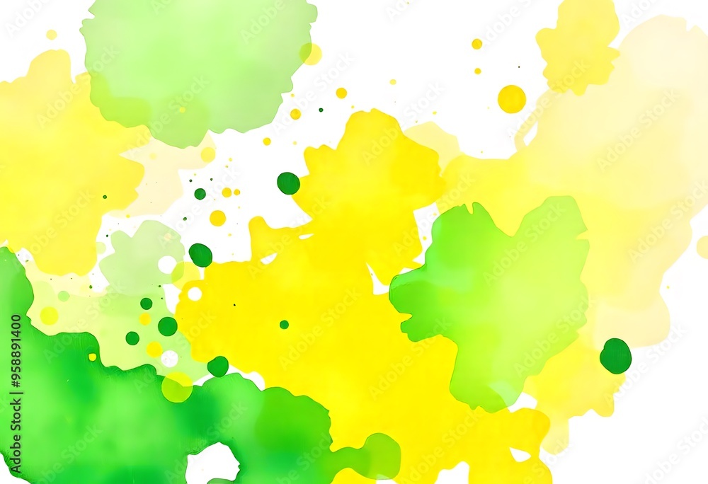 Poster abstract green and yellow blobs and splatters on a white background
