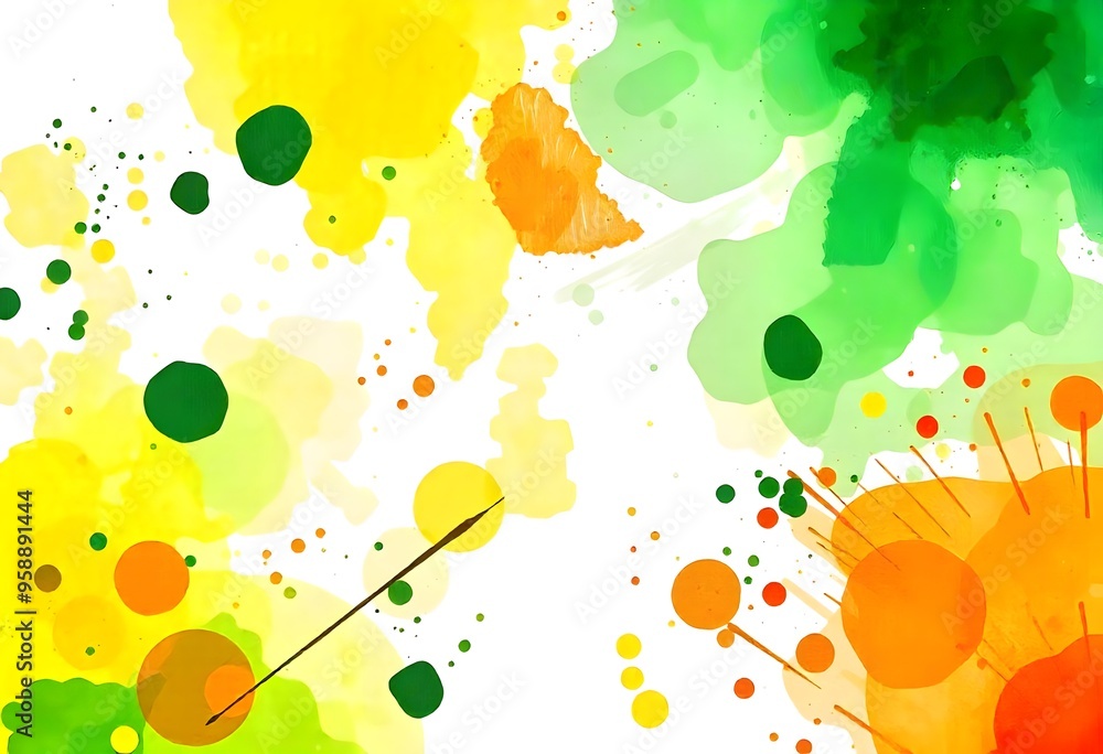 Poster abstract green and yellow blobs and splatters on a white background