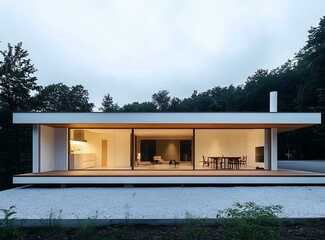 Fototapeta premium Modern Minimalist House with Large Windows and White Exterior