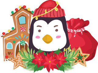 Christmas penguin decoration illustration on transparent background.
