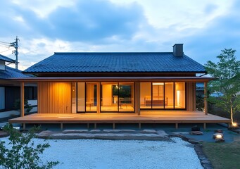 Fototapeta premium Modern Japanese House with Wooden Deck and White Gravel Garden