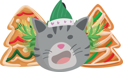 Christmas cat decoration illustration on transparent background.
