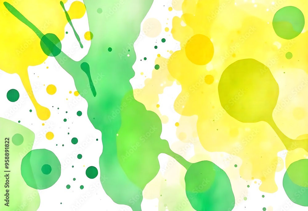 Poster abstract green and yellow blobs and splatters on a white background