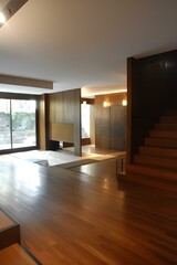 Obraz premium Modern Home Interior Design With Wooden Floor And Staircase