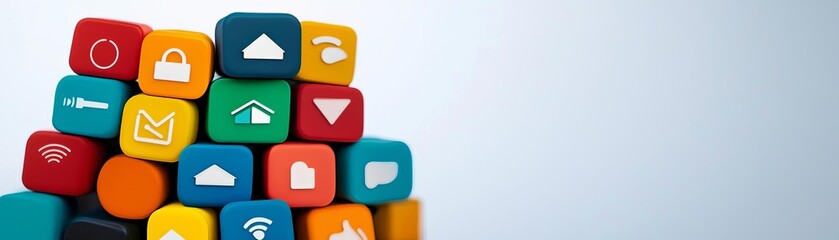 Colorful blocks stacked with various icons, representing technology and internet.