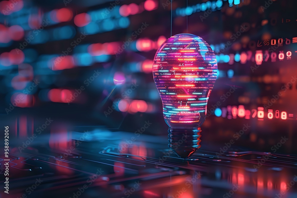 Aufkleber glowing lightbulb with digital codes reflecting on its surface, symbolizing innovation, technology, 