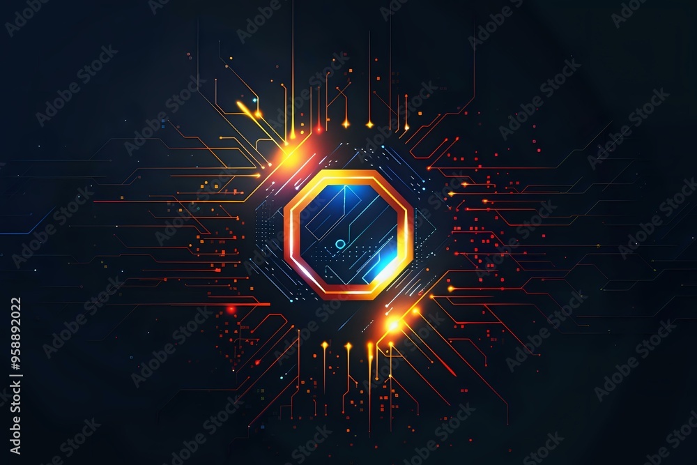 Aufkleber futuristic digital design featuring a glowing hexagonal shape surrounded by interconnected neon circ