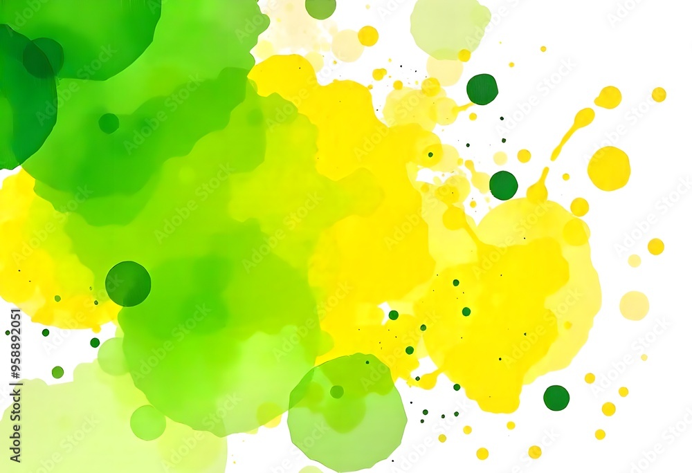 Poster abstract green and yellow blobs and splatters on a white background