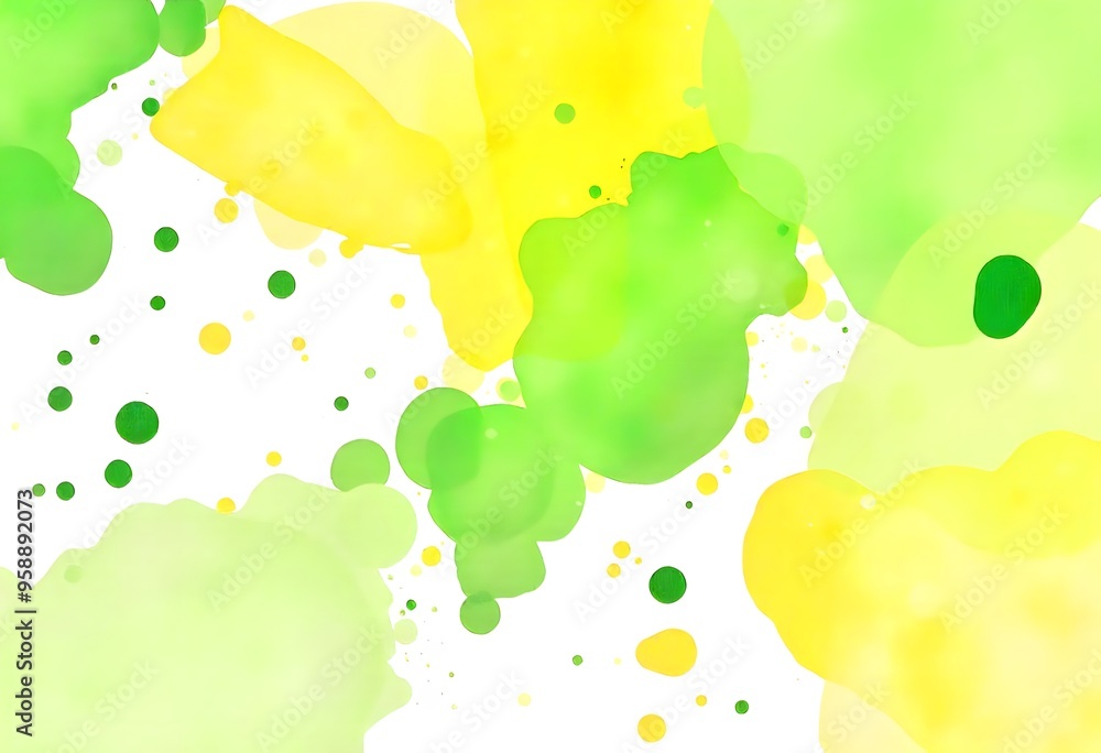 Poster abstract green and yellow blobs and splatters on a white background