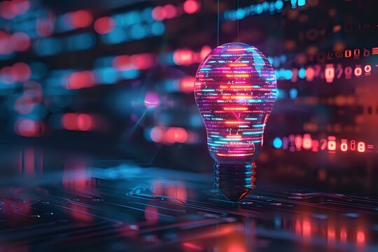 glowing lightbulb with digital codes reflecting on its surface, symbolizing innovation, technology, and creativity. Perfect for tech, AI, and data-driven visuals, evoking a futuristic and high-tech 