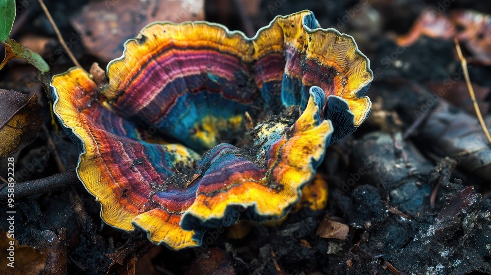Poster a macro shot of a wild mushroom with vibrant colors and unique shapes, set against a backdrop of for