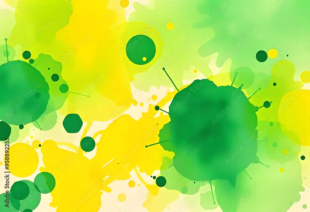 Poster abstract green and yellow blobs and splatters on a white background