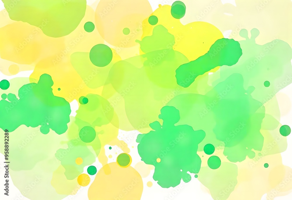 Poster abstract green and yellow blobs and splatters on a white background