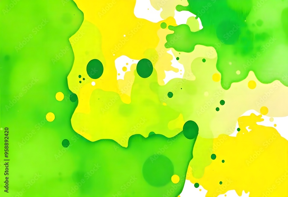 Poster abstract green and yellow blobs and splatters on a white background