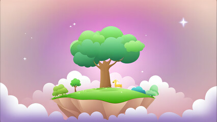 cartoon background with lush green illustrated landscape with trees and clouds