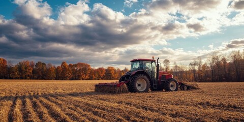 Obraz premium A tractor in a harvested field 