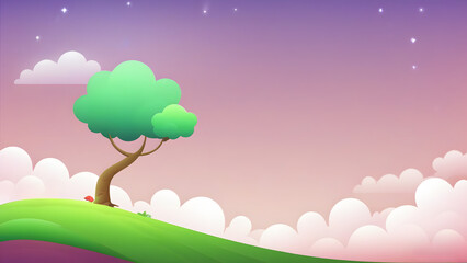Whimsical Digital Illustration of Serene Landscape with Stylized Tree, Red Mushroom, and Dreamy Gradient Sky