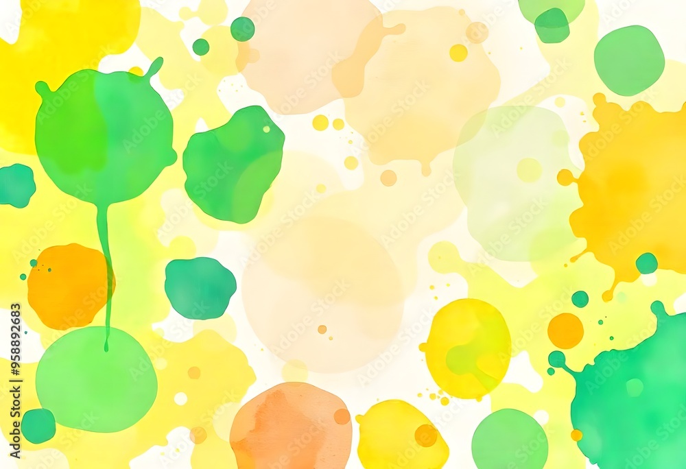 Poster abstract green and yellow blobs and splatters on a white background
