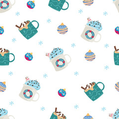 Christmas mug with drink seamless pattern background.
