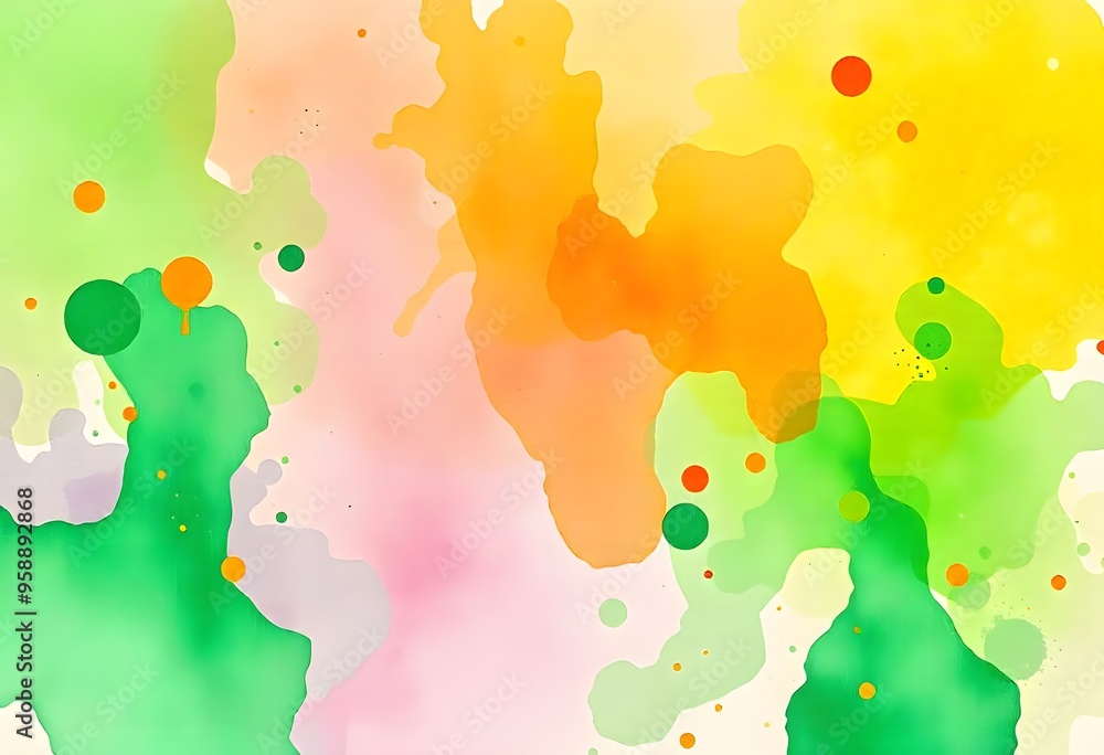 Poster abstract green and yellow blobs and splatters on a white background