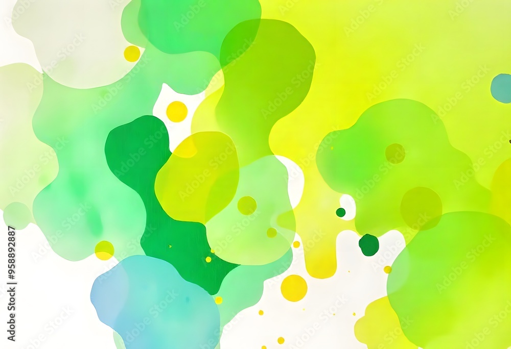 Poster abstract green and yellow blobs and splatters on a white background