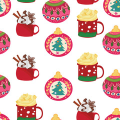 Christmas mug with drink seamless pattern background.
