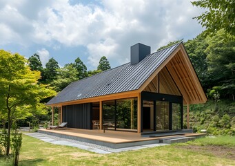 Modern Japanese Architecture House with Wooden Beams and Black Metal Roof