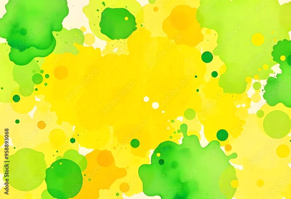 Poster abstract green and yellow blobs and splatters on a white background