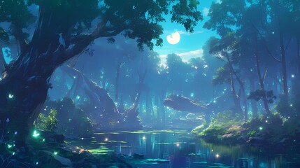 Obraz premium A serene, moonlit forest scene with glowing butterflies and reflective waters.